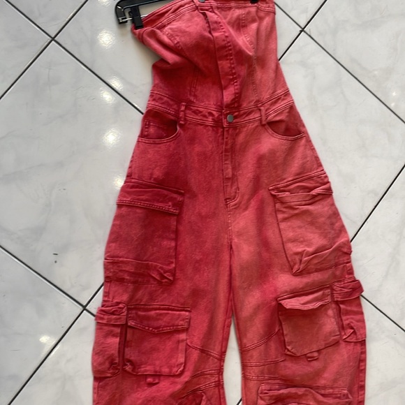 Red Denim Cargo Jumpsuit - Picture 4 of 8